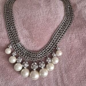 Fashion Pearl & Crystal Cascade Necklace - Silver Tone